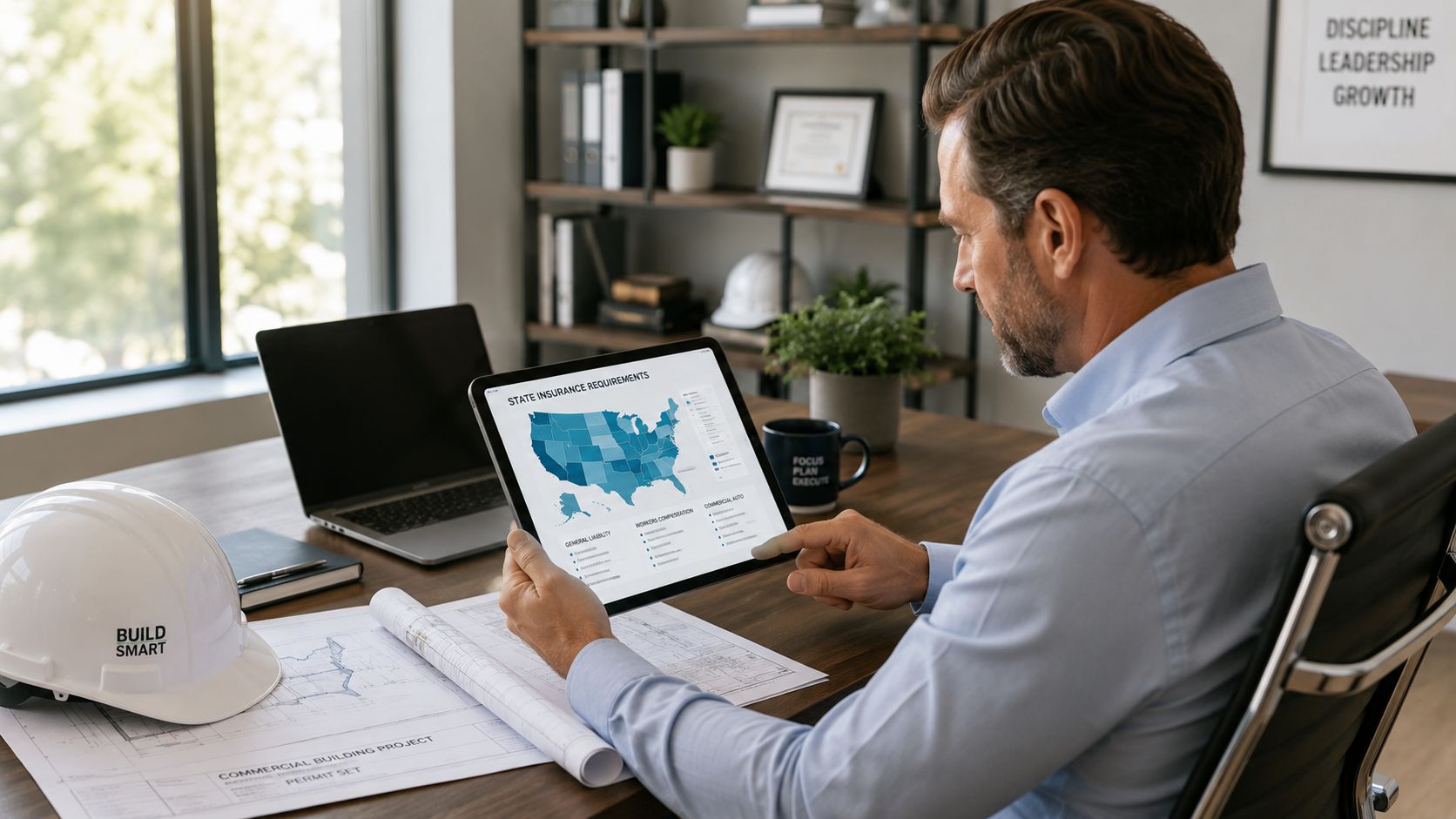 A professional man reviewing commercial auto liability insurance requirements on a digital tablet at his office desk.