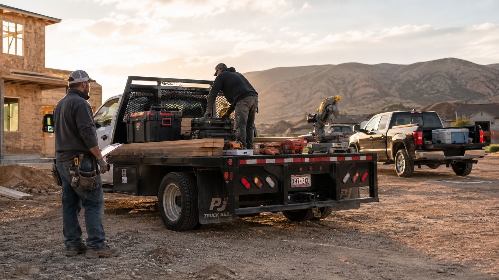 Two construction workers loading tools and materials onto a flatbed work truck at a residential building site.