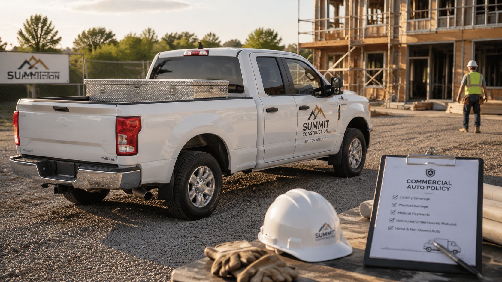 A commercial truck and construction gear at a job site emphasizing the need for contractor insurance.