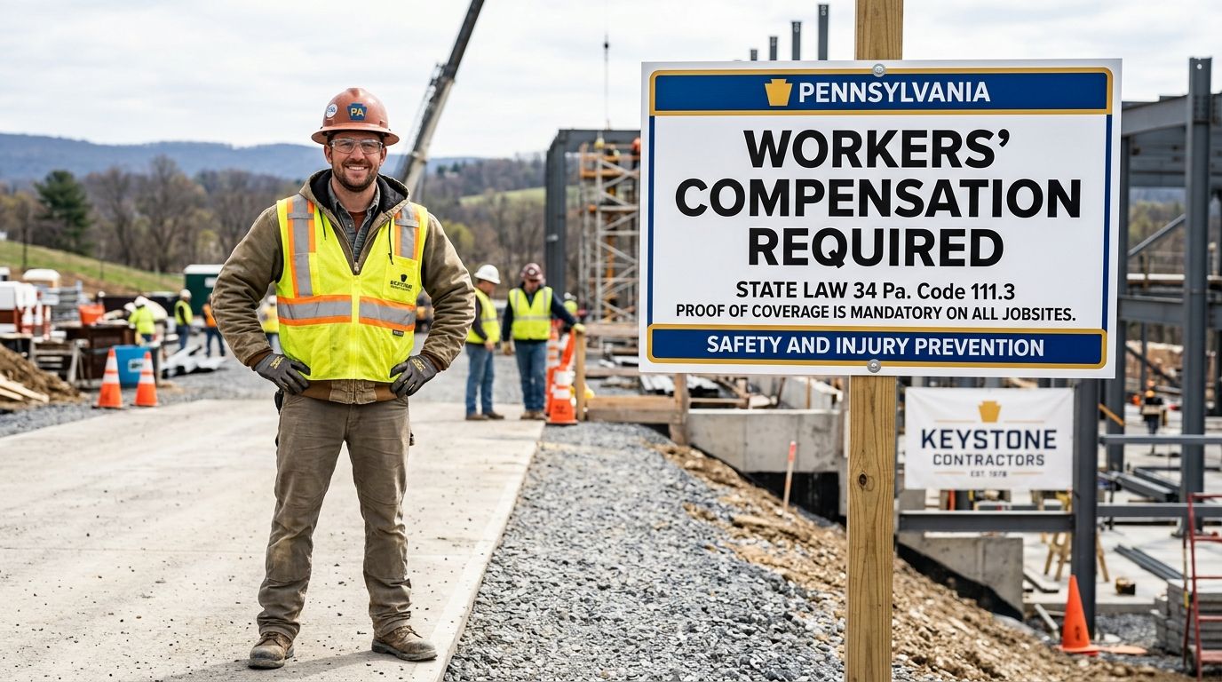 A smiling construction worker wearing safety gear stands next to a Workers Compensation Required sign at a site.