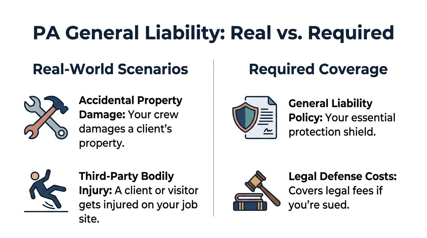 An infographic comparing real-world general liability insurance scenarios for contractors in Pennsylvania versus required coverage protections.