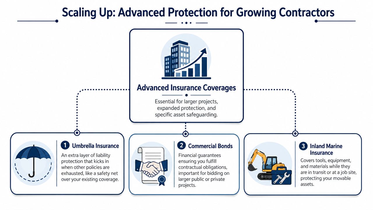 An infographic titled Scaling Up Advanced Protection for Growing Contractors outlining three essential insurance coverage types.