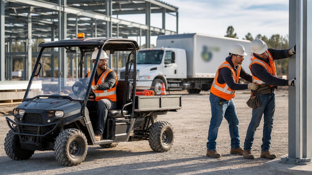 A construction crew wearing safety gear works on a building site near a utility vehicle and truck.