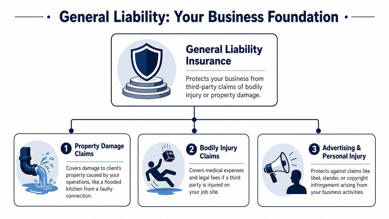 An infographic detailing the components of general liability insurance including property damage, bodily injury, and advertising injury.