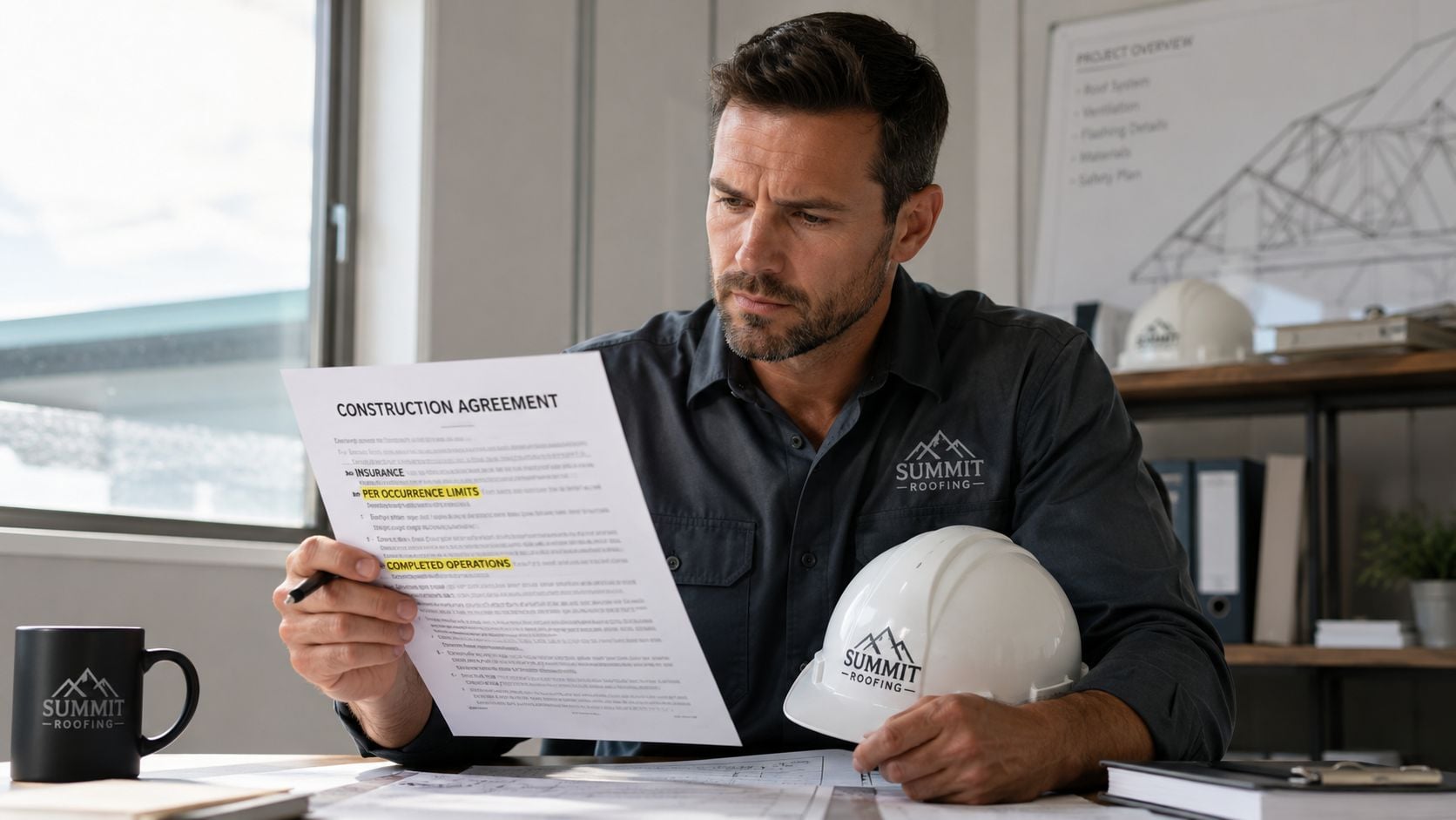 A professional roofer wearing a company shirt reviews a construction agreement document in a bright office.