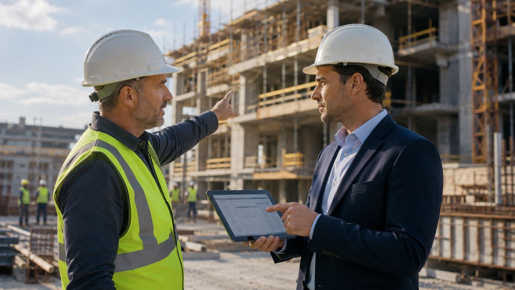 Two professionals in hard hats discussing construction plans on a digital tablet at a building site.