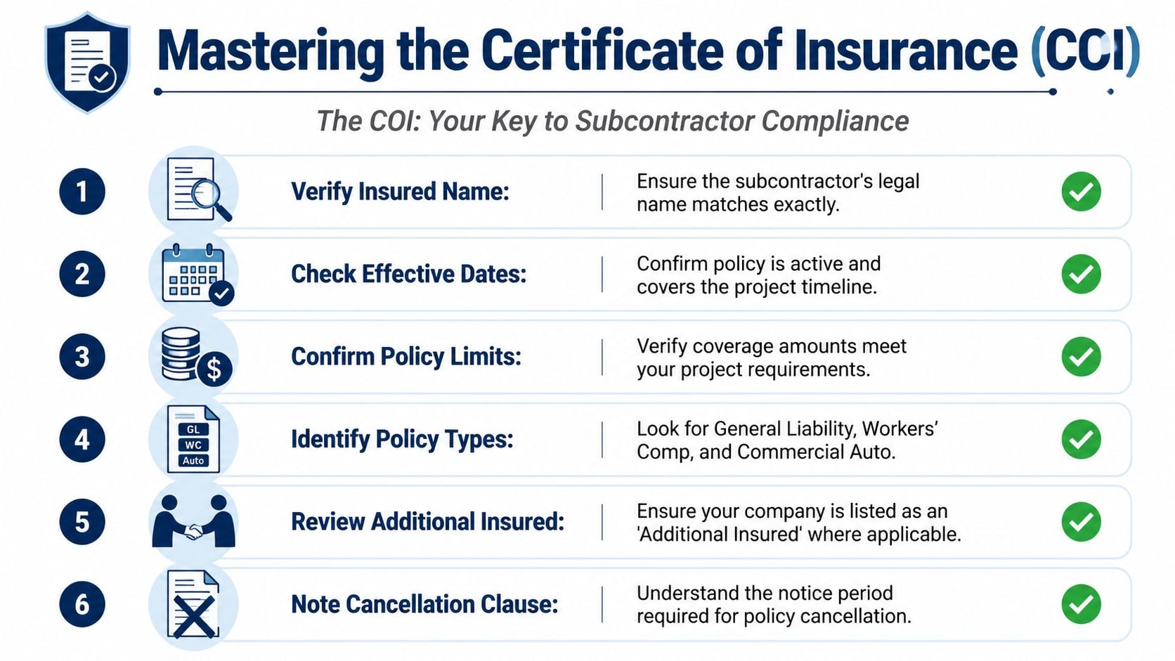 A six-step infographic guide on mastering the certificate of insurance to ensure subcontractor compliance.