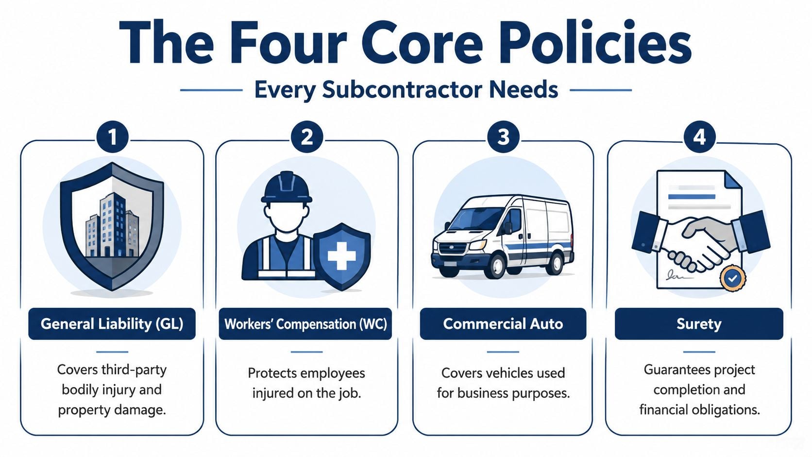An infographic titled The Four Core Policies Every Subcontractor Needs illustrating essential insurance types for construction contractors.