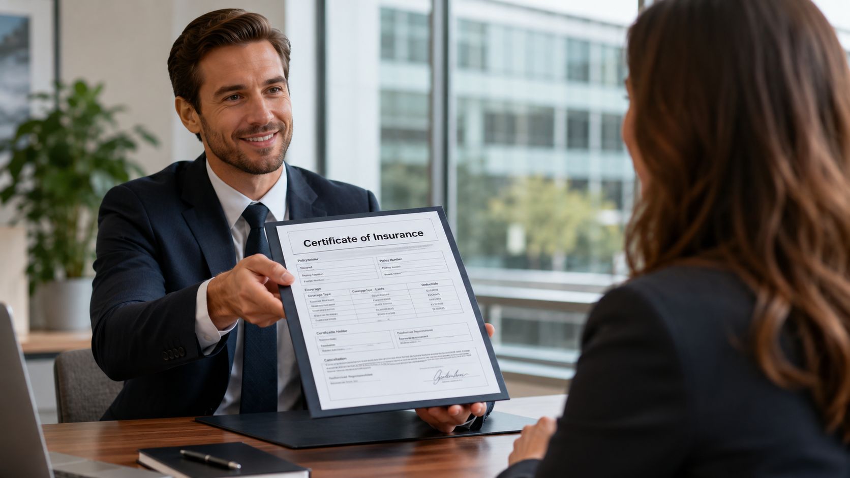 A professional insurance agent hands a certificate of insurance document to a client during an office meeting.